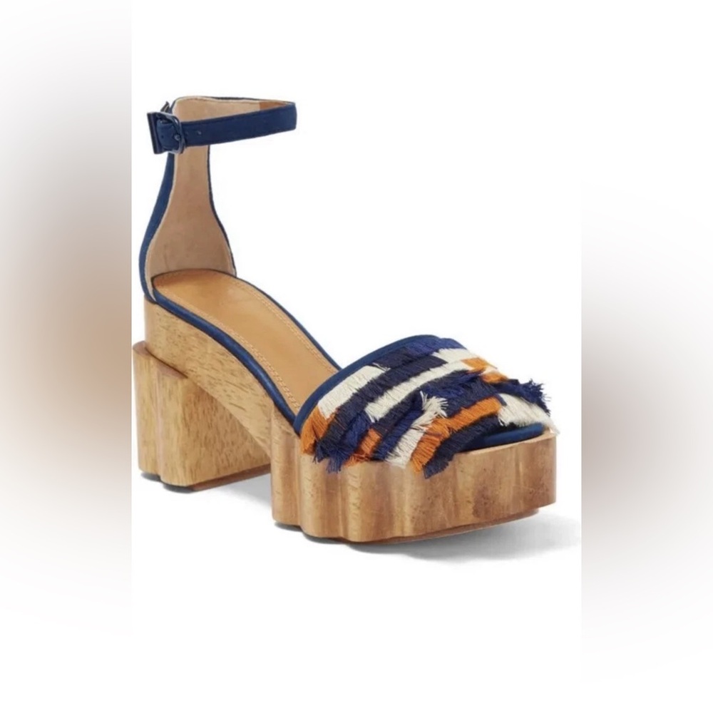 Tory Burch ALMA PLATFORM WOODEN Navy, Orange, and White Sandals, Size : 8.5 - Picture 9 of 14